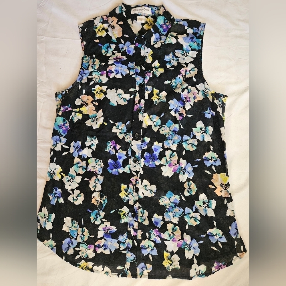 Coldwater Creek Black Floral Sleeveless Button-Down Blouse